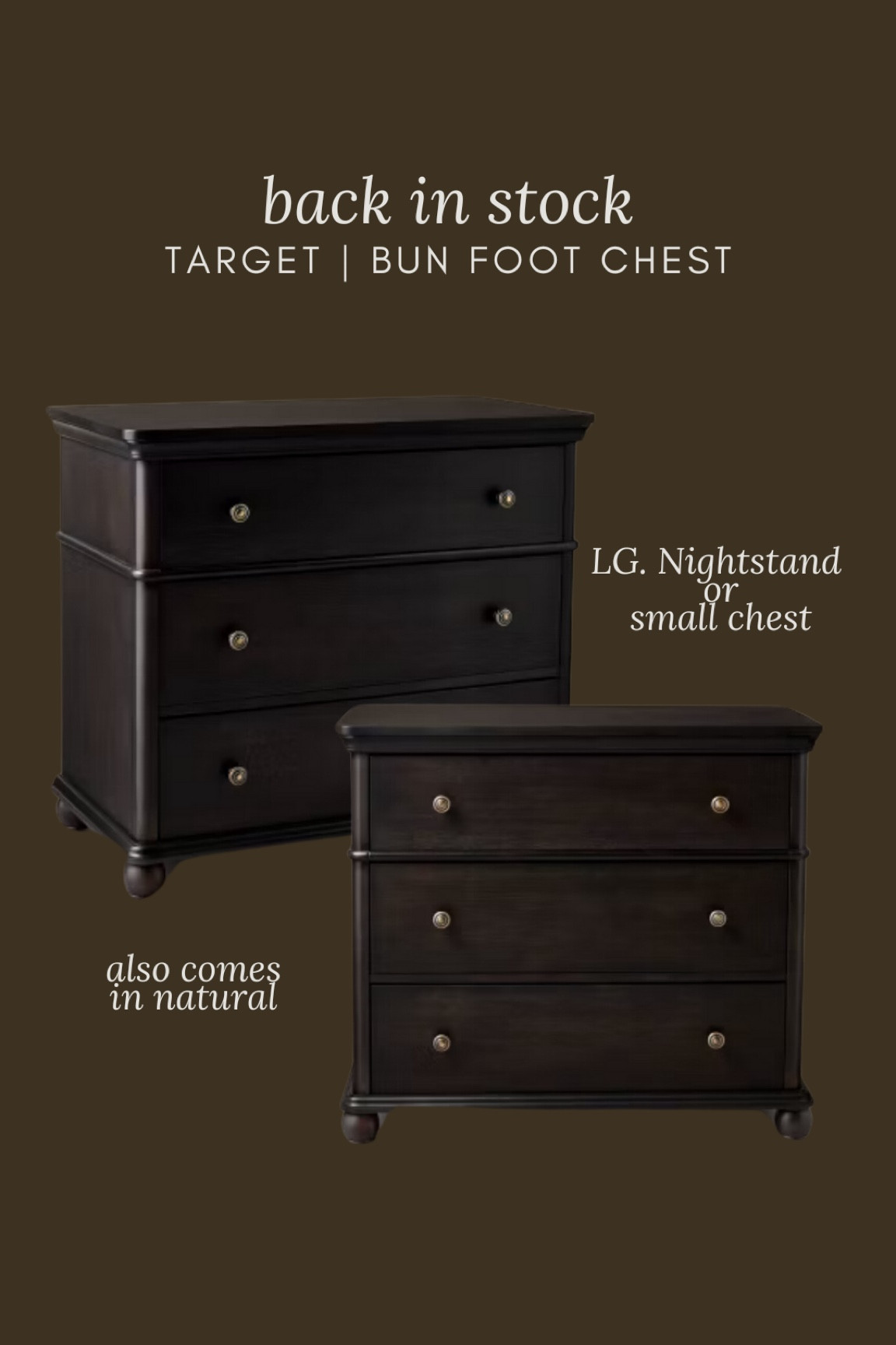 Back in stock this was super popular and sold out. It also comes in natural wood. This is a black, but it looks like a deep brown bun foot chest could be a large nightstand or small chest from hearth and hand for target

#LTKHome #LTKStyleTip #LTKSaleAlert