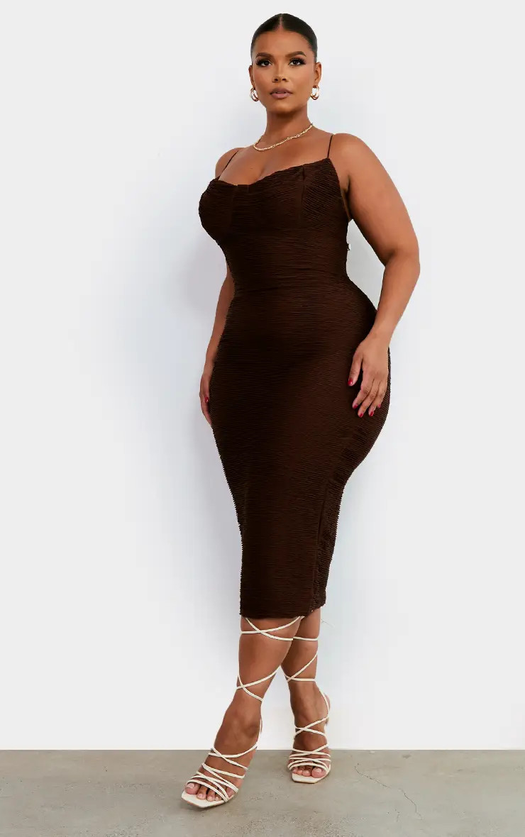 Chocolate Textured Strappy Midi Dress | PrettyLittleThing USA | PrettyLittleThing US