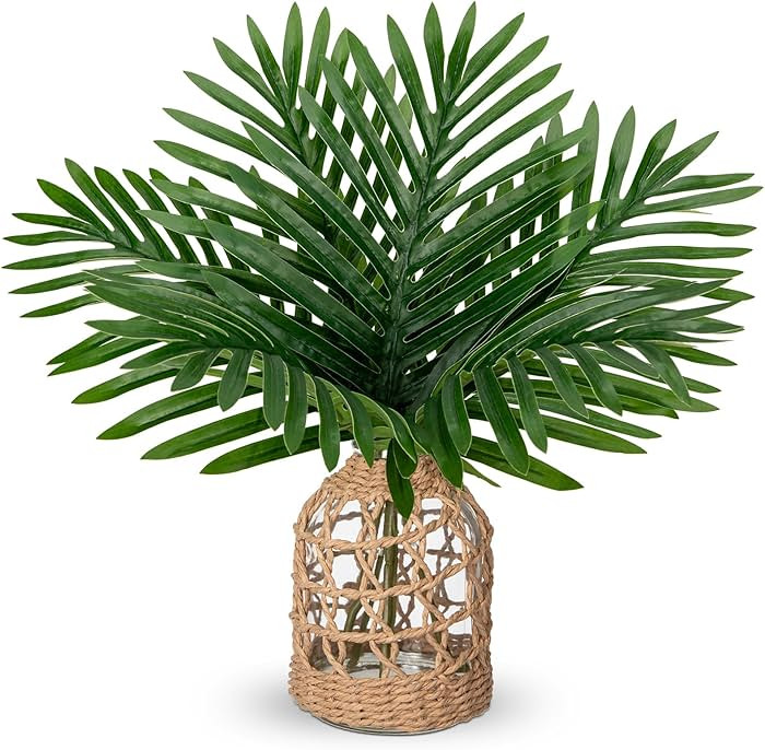 Fake Plants 14.2" Faux Palm Plant in Glass Vase, Realistic Tropical Fake Palm House Plants Artifi... | Amazon (US)