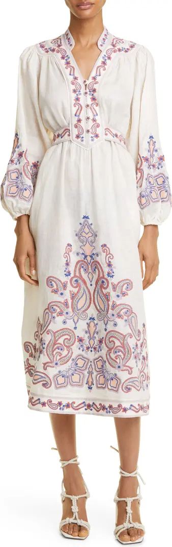Devi Embroidered Long Sleeve Wrap Linen Midi Dress | Nordstrom
