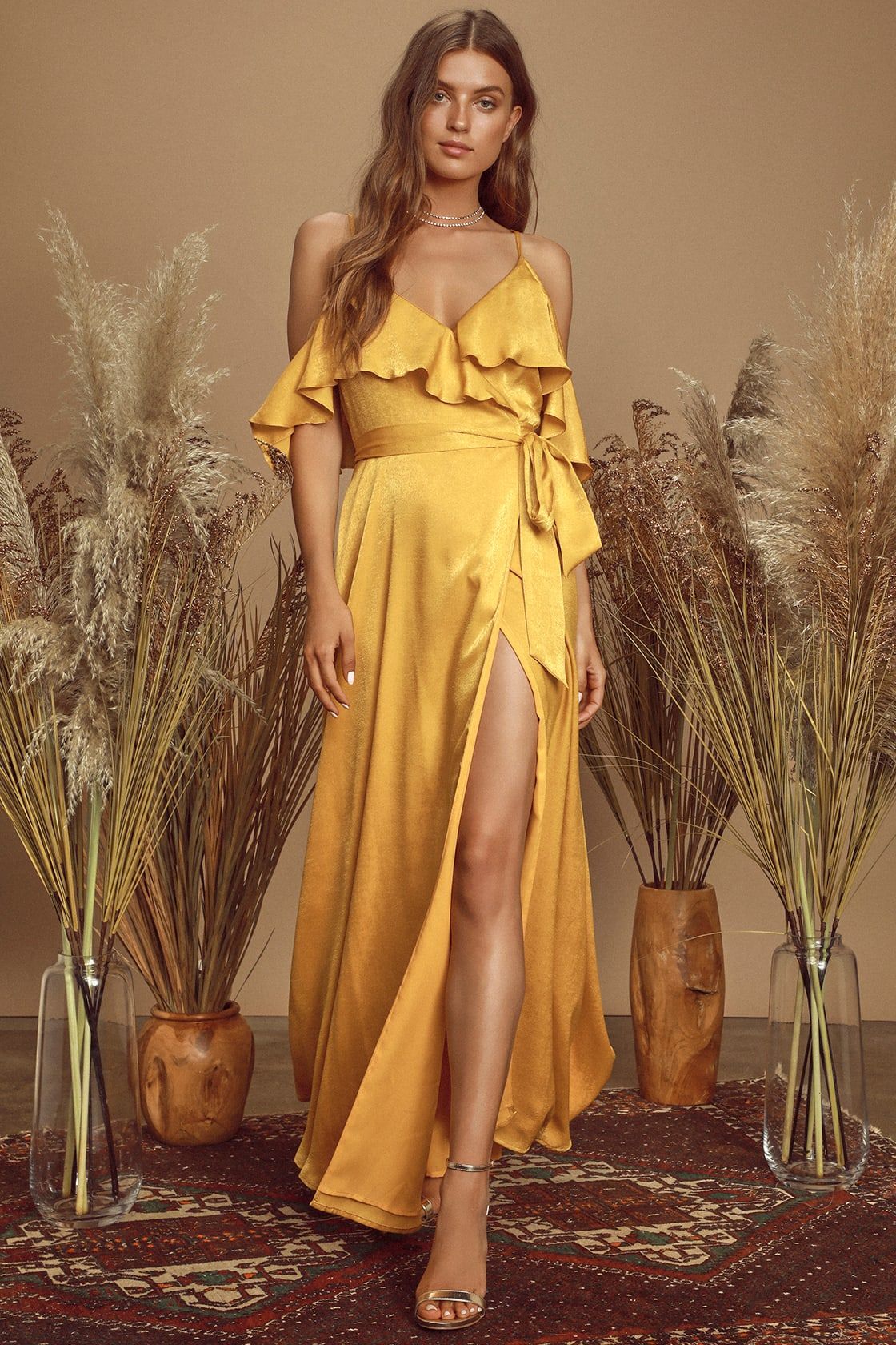 Moriah Mustard Yellow Satin Wrap Maxi Dress | Lulus