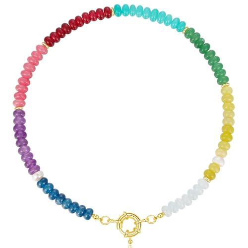 KissYan Beaded Gemstone Necklace for Women, Colorful Boho Bead Choker Natural Stone Surfer Beach Necklaces 14K Gold Plated Summer Handmade Jewelry(B32) | Amazon (US)