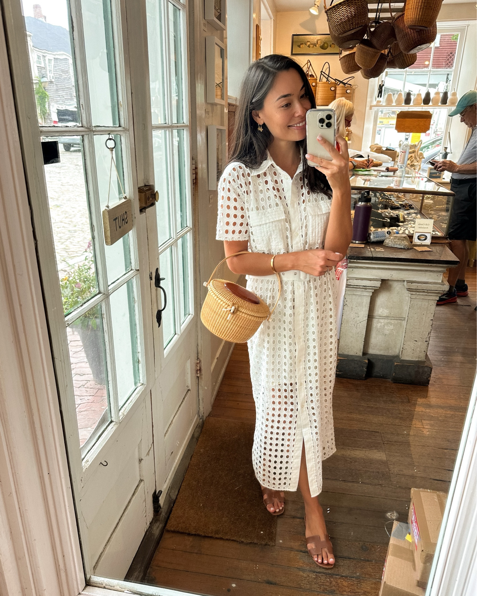 Kat Jamieson wears a white shirtdress and a Nantucket basket bag. 

#LTKswim #LTKSeasonal