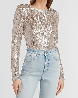 Sequin Padded Shoulder Thong Bodysuit | Express