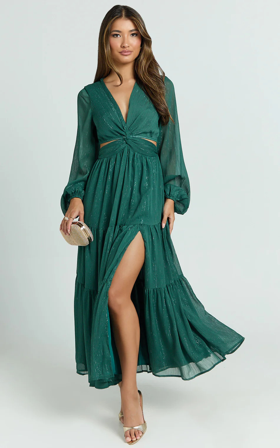 Edelyn Midi Dress - Cut Out Balloon Sleeve Tiered Dress in Emerald | Showpo (ANZ)
