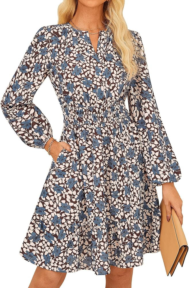GRACE KARIN 2025 Women's Long Sleeve Henley V-Neck Smocked Waist Floral Mini Tiered A Line Dresse... | Amazon (US)