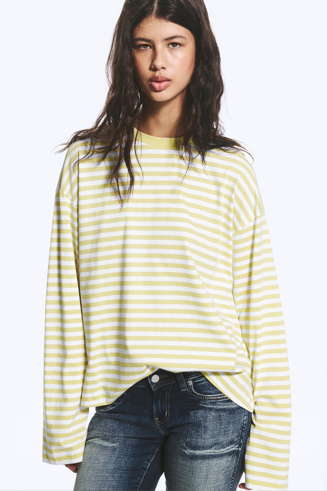 Women's Striped Dusty Lime Long-Sleeved Cotton T-shirt | H&M (UK, MY, IN, SG, PH, TW, HK)