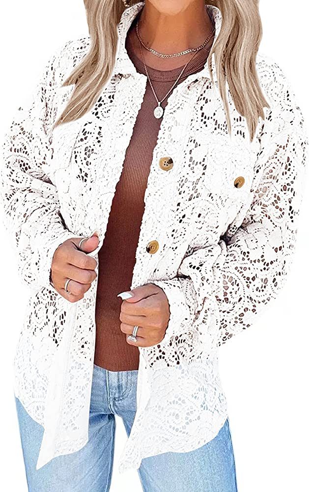 MEROKEETY Womens Long Sleeve Crochet Lace Cardigan Lightweight Button Down Shacket Shirts | Amazon (US)