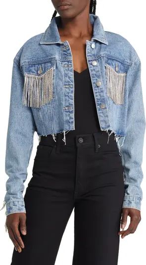 AZALEA WANG Fringe Crop Denim Trucker Jacket | Nordstrom | Nordstrom