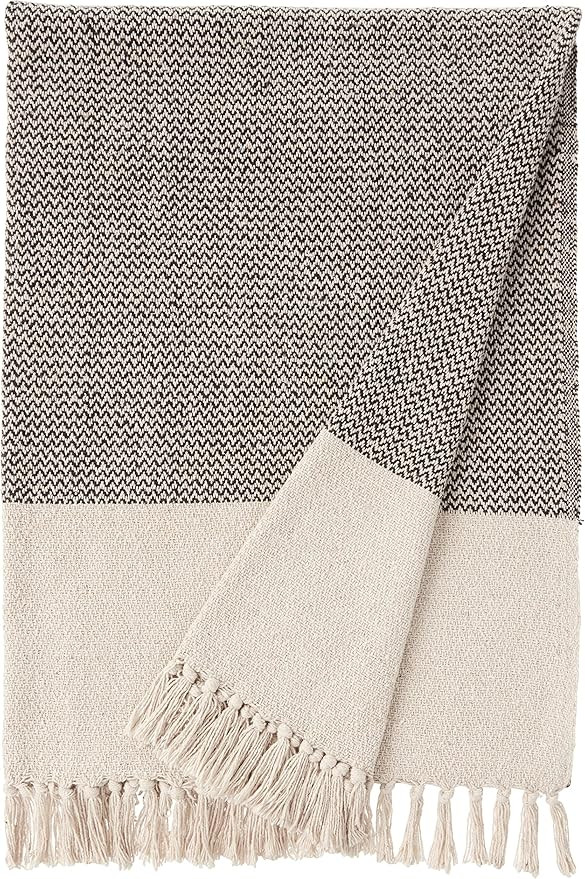 Bloomingville A14208833 Grey & Cream Cotton Knit Throw with Fringe | Amazon (US)