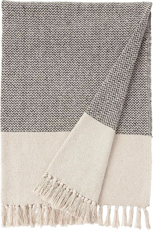 Bloomingville A14208833 Grey & Cream Cotton Knit Throw with Fringe | Amazon (US)