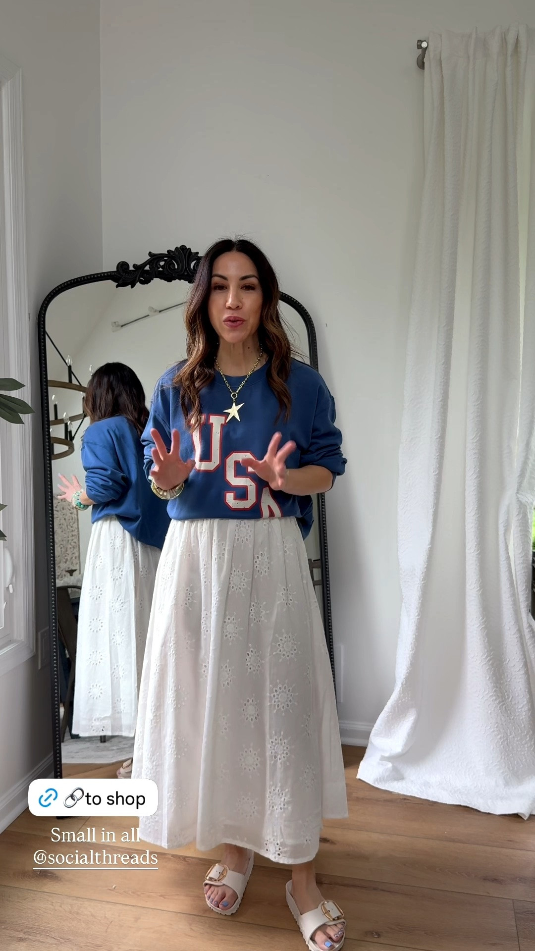 Small USA sweatshirt. Small white skirt. MDW

#LTKPetite #LTKOver40