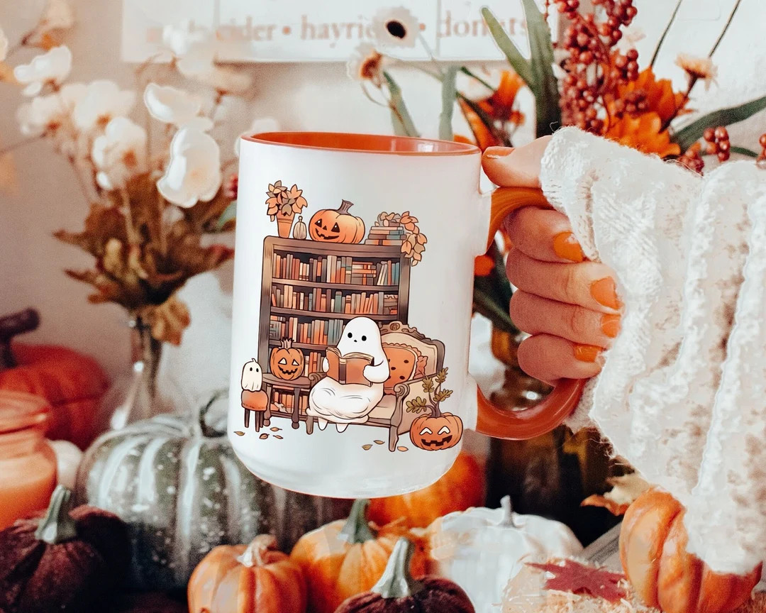 Cute Ghost Halloween Mug, Ghost Reading Book Mug, Book Lovers Coffee Mug, Halloween Fall Mug, Boo... | Etsy (US)
