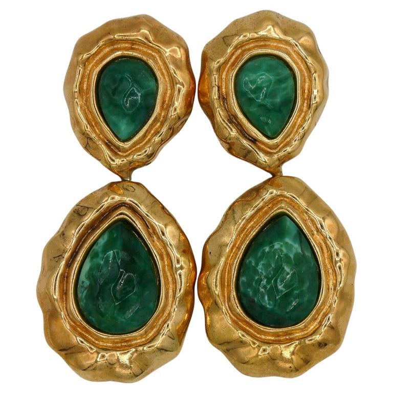 GUY LAROCHE Vintage Gold Tone Green Cabochons Dangling Earrings For Sale at 1stDibs | guy laroche... | 1stDibs