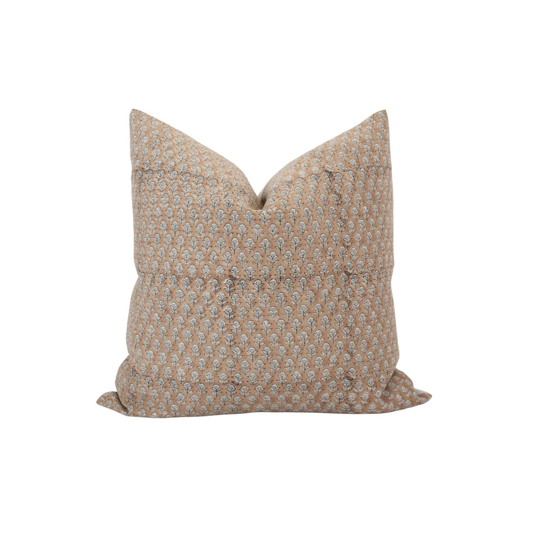 VINATA | Designer Brown Floral Linen Pillow Cover Block Print Pillow Farmhouse Pillow Neutral Pil... | Etsy (US)