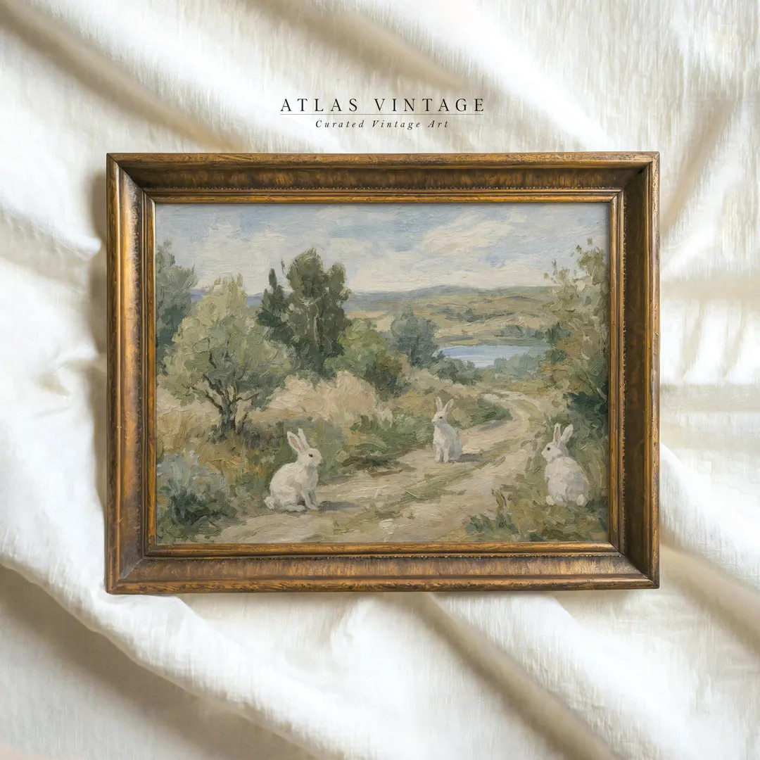 Easter Rabbit Printable Wall Art | White Bunnies in Countryside Landscape [Digital Download] | Etsy (US)