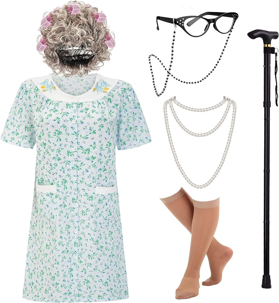 EBYTOP Women's Old Lady Costume Kit with Nightgown Wig Cane & Other Halloween Cosplay Accessories | Amazon (US)
