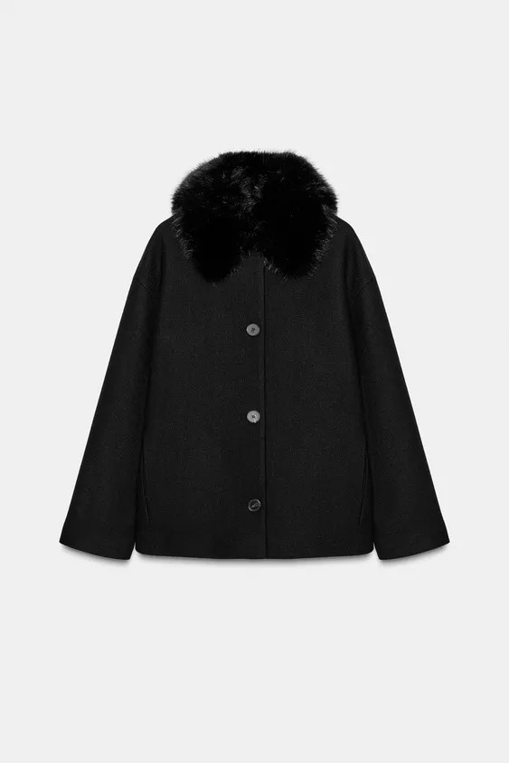 CROPPED COAT WITH WOOL AND FAUX FUR LAPEL | Zara UK