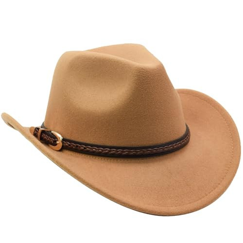 Sandy Ting Men & Women's Classic Felt Wide Brim Western Cowboy Cowgirl Hat with Belt Buckle Beige | Amazon (US)