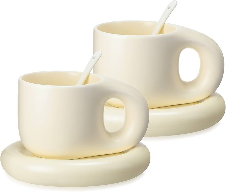 Lallisa 2 Pieces 13.5 oz Ceramic Coffee Mug Cute Fat Handle Cup with 2 Pcs Matching Saucer and 2 ... | Amazon (US)