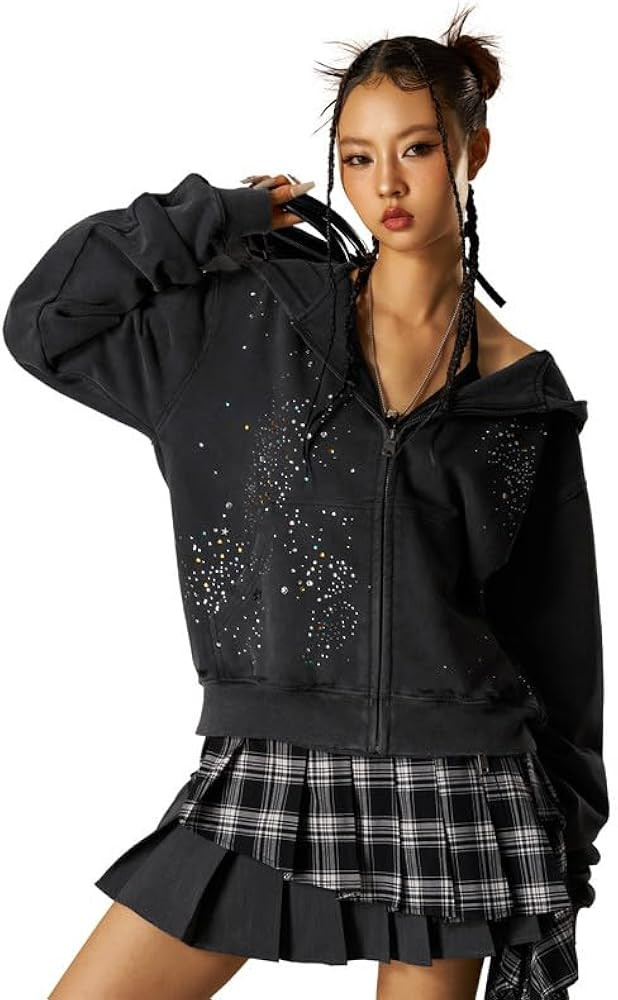 Aelfric Eden Women's Rhinestone Short Hoodie Men's Hooded Jacket Streetwear Hip Hop Hoodie Zip To... | Amazon (UK)