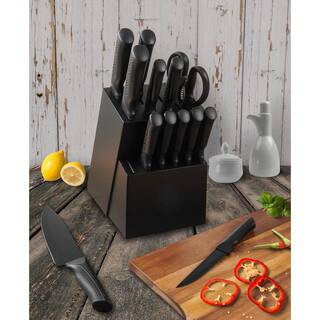 15-Knife Stainless Steel Set with Knife Block in Black for Knife Storage Organizer, Anti-Slip Handle | The Home Depot
