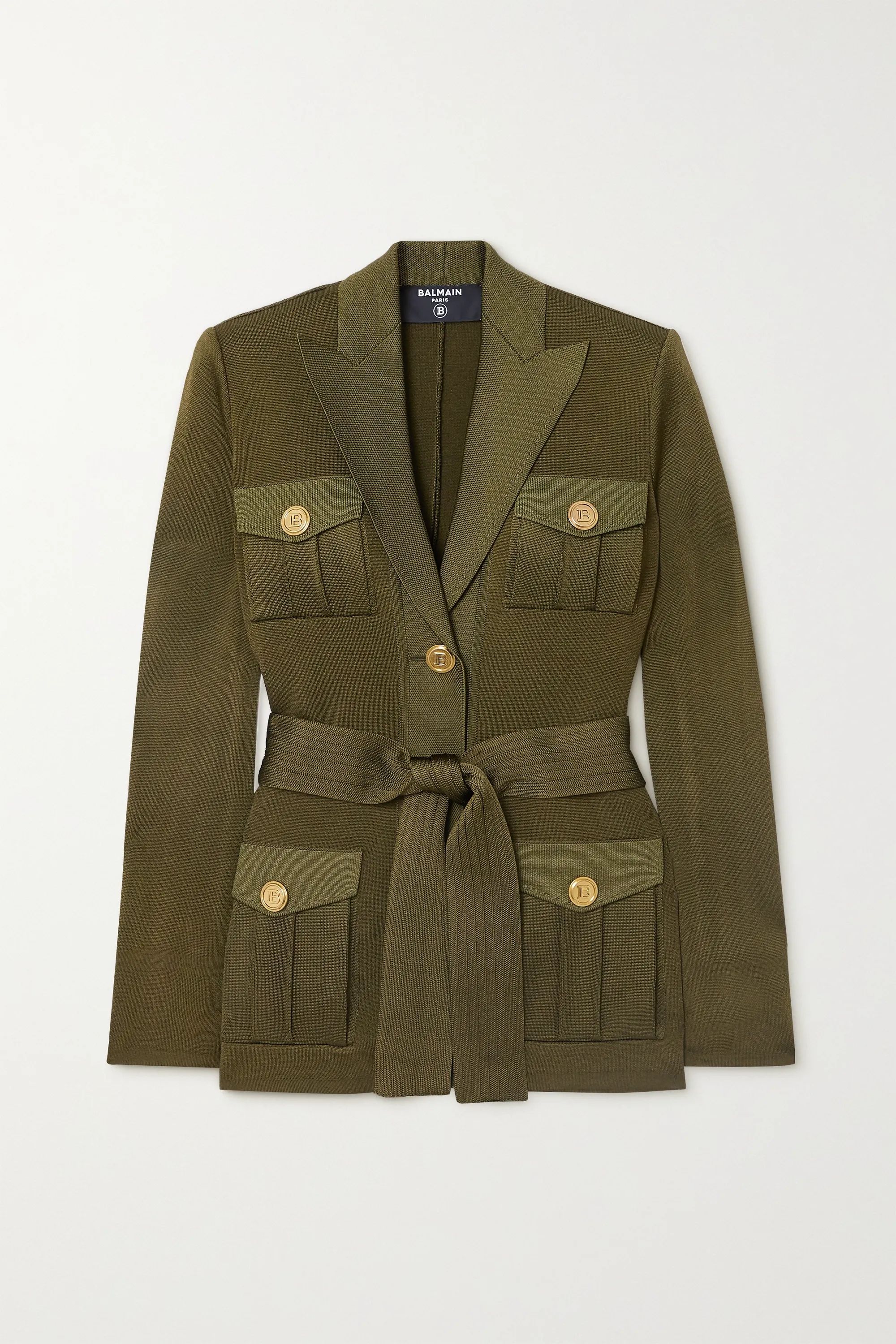 Army green Belted knitted jacket  | Balmain | NET-A-PORTER | NET-A-PORTER (UK & EU)
