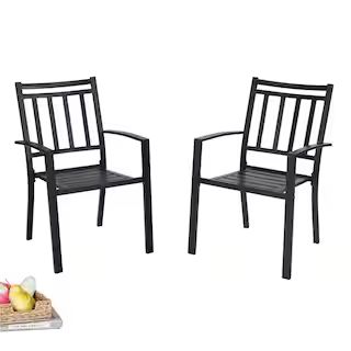 PHI VILLA Black Stackable Stripe Metal Patio Outdoor Dining Chair (2-Pack) THD-E02GF112 | The Home Depot