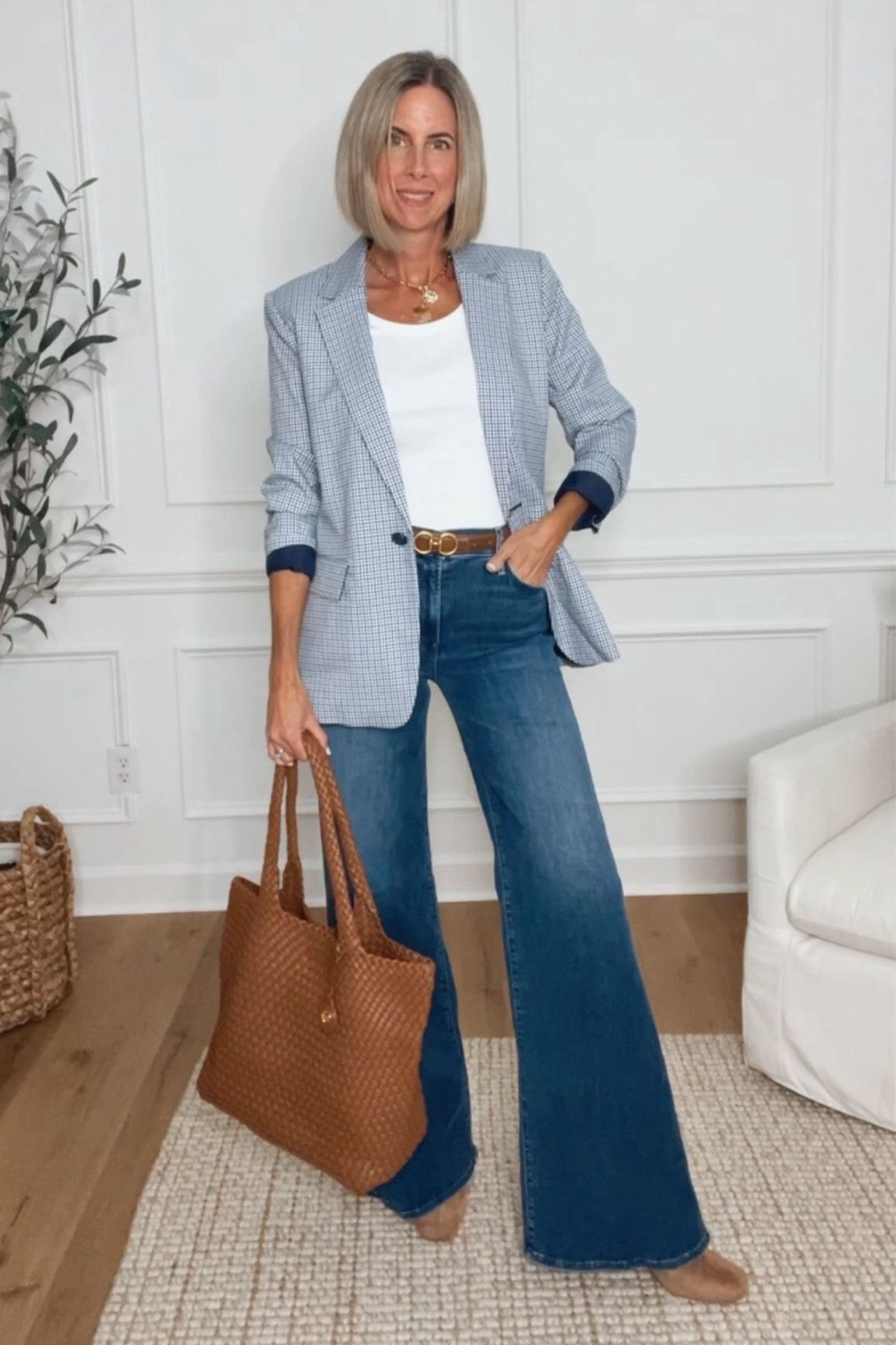 🍁40% off houndstooth blazer and top! So cute for fall! Can be dressed up for work or dressed down for a night out. Wearing a 2. My Mother jeans are definitely a splurge but so worth it! The softest most comfortable jeans! Boots are Target and 20% off 🙌

Workwear 
Date night outfit 


#LTKStyleTip #LTKSaleAlert #LTKWorkwear