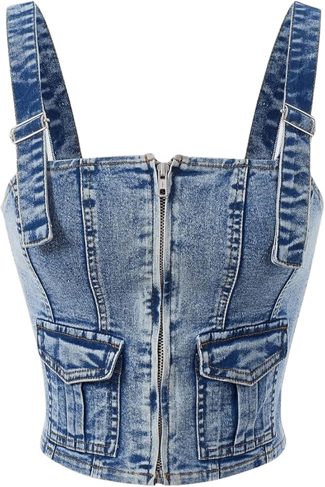SHENHE Women's Zip Up Denim Top Adjustable Strap Sleeveless Jean Crop Top with Pockets | Amazon (US)