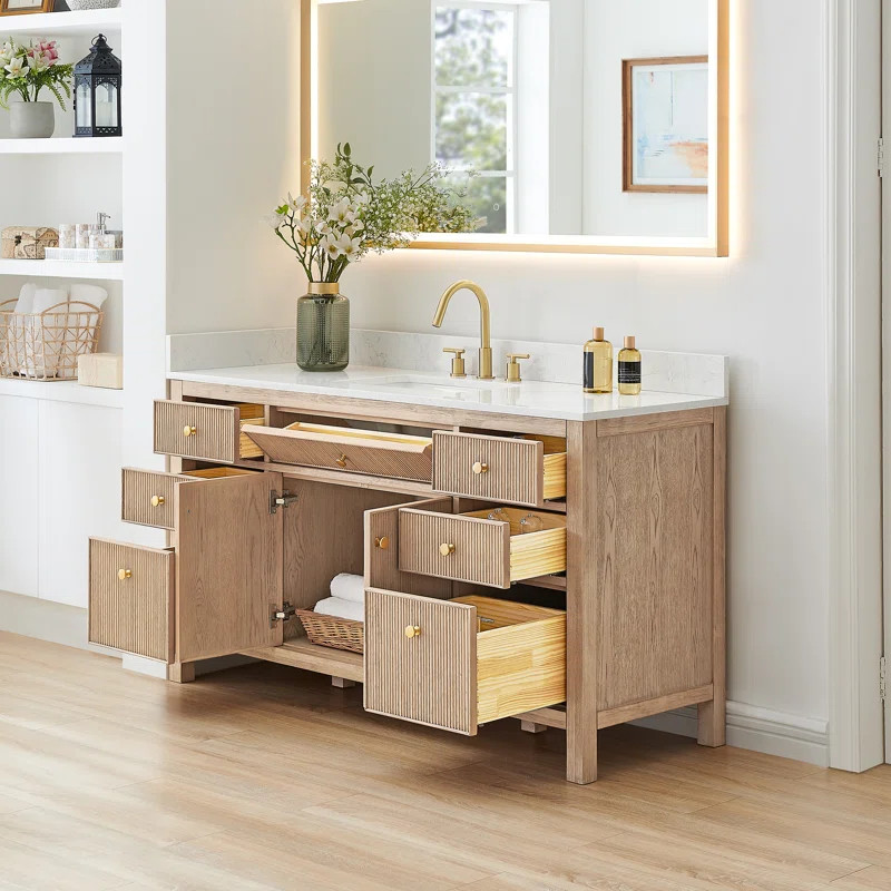 Kazuki 60" Single Bathroom Vanity with Grain White Engineered Stone Countertop without Mirror | Wayfair North America