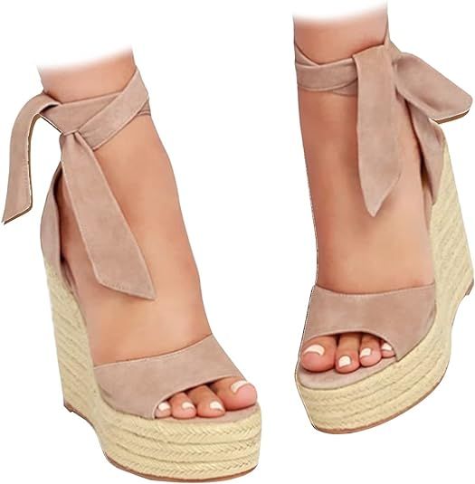 Womens Espadrilles Wedges Sandals Heels Open Toe Tie Lace Up Platform Ankle Strap Summer Dress Sh... | Amazon (US)
