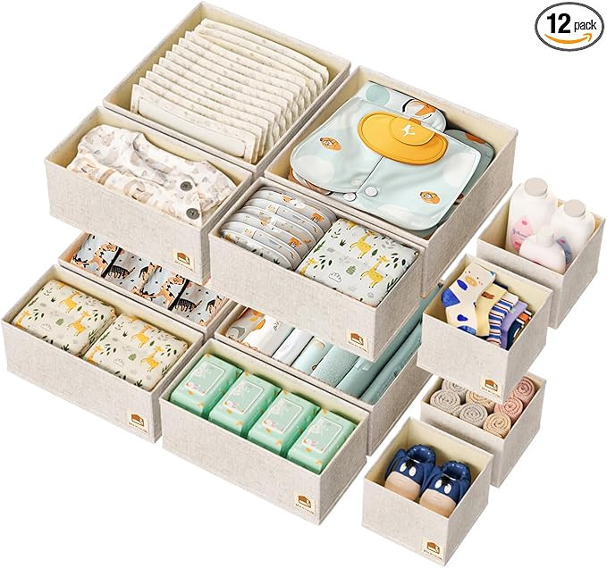 12 Pack Drawer Organizer for Baby Clothes, Linen Fabric Nursery Drawer Organizer for Baby Diaper,... | Amazon (US)