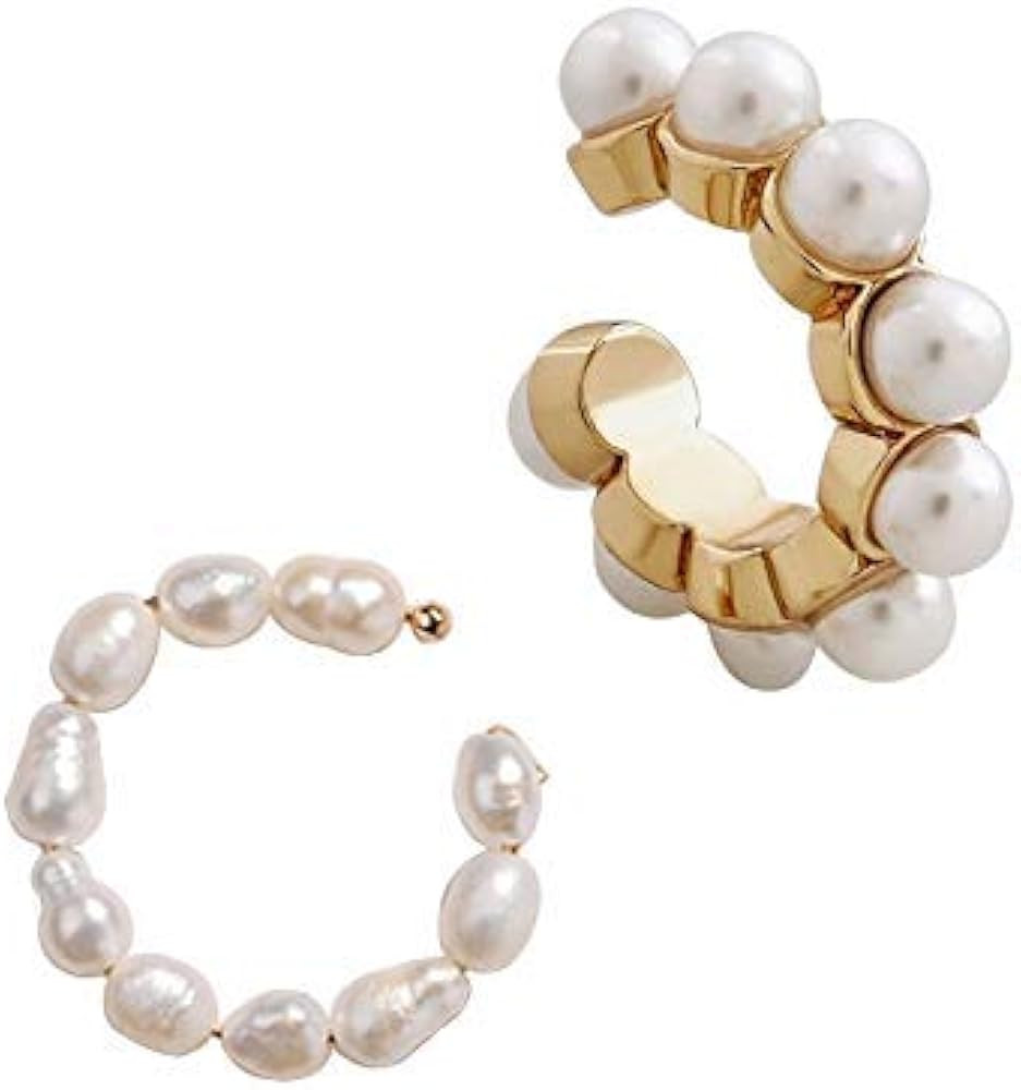 Pearl Hoop Earrings Ear Cuff no piercing 2pacs Set | Amazon (US)