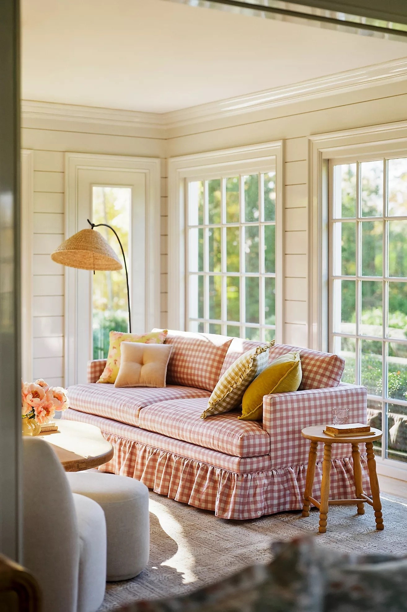 Soft, classic, and endlessly inviting—this skirted sofa feels straight out of a Nancy Meyers movie. The relaxed silhouette, tailored ruffle skirt, and neutral upholstery create that perfectly undone, cozy-but-polished look. It’s the kind of piece that anchors a room and makes you want to linger with a book, a candle, and a glass of wine. Timeless, feminine, and beautifully warm.