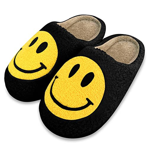 YJJY Women's & Girls' Smile Face Slippers, Retro Soft Plush Lightweight House Slippers, Slip-On, Anti-Skid Sole, Black, Size 8-9 | Amazon (US)
