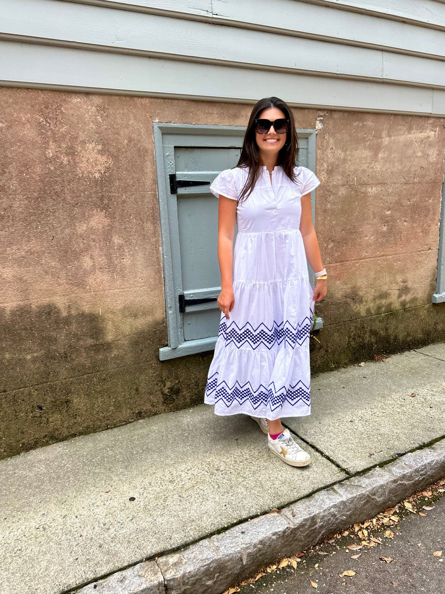 Folly Midi Dress Short White with Blue Checker Embroidered | Madison Mathews