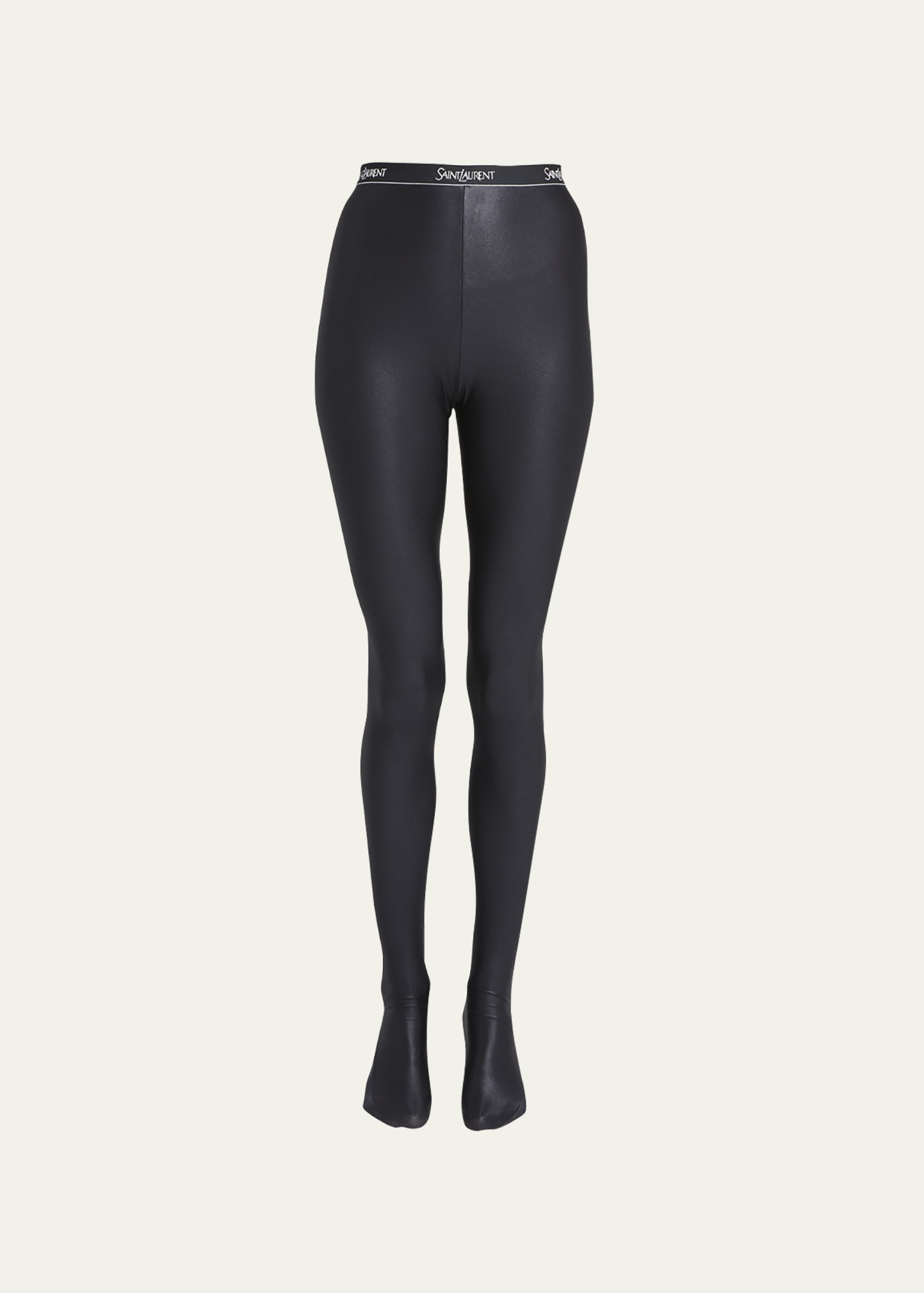 Saint Laurent Shiny Footed Leggings with Logo Band | Bergdorf Goodman