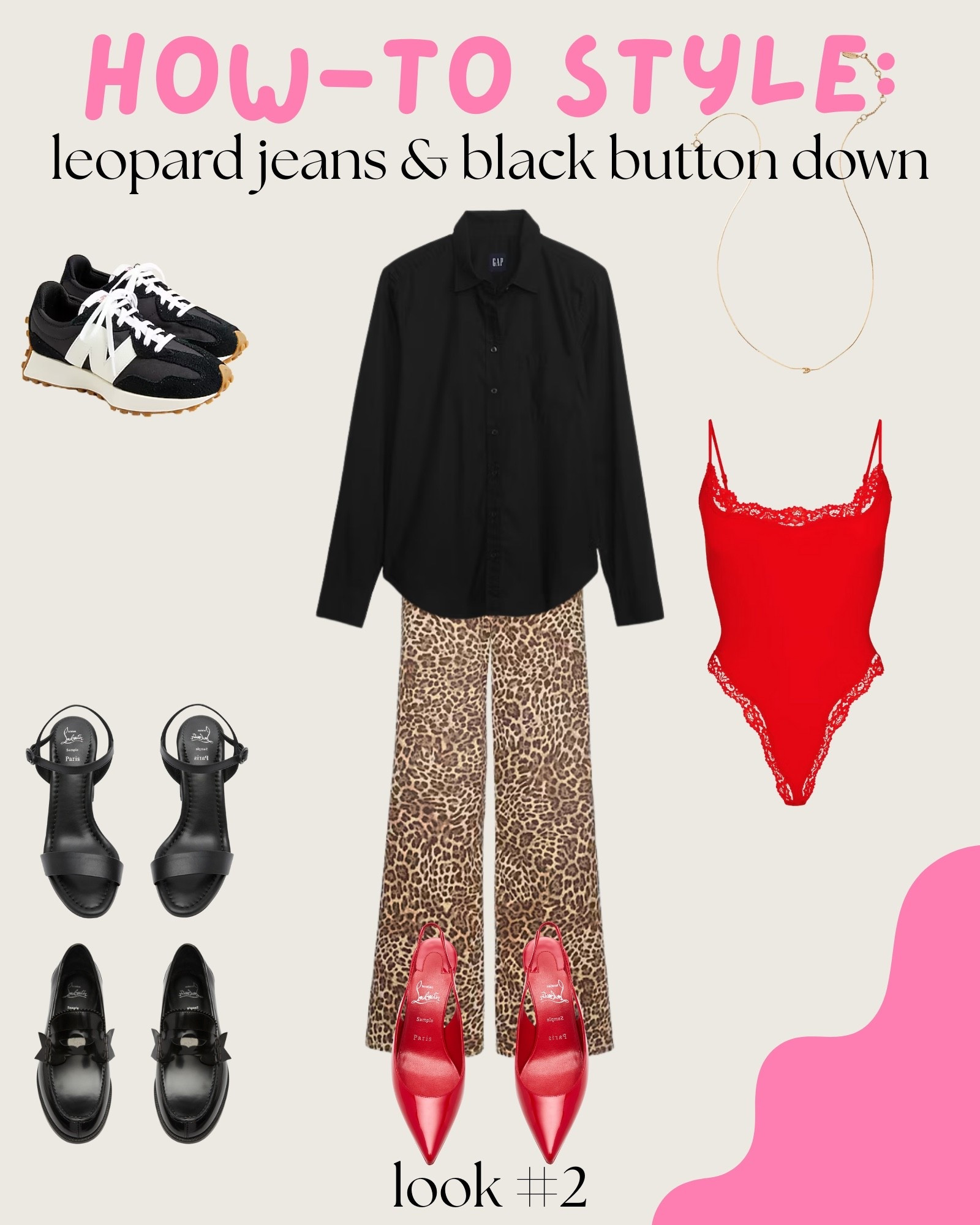 My how-to guide for styling leopard jeans and a black button down: look two. 2️⃣ 

Looking to spice up your next date night? This look is casual yet polished, and sexy—all in one! The red heels and bodysuit make this outfit flirty, fun and a little spicy! 🌶️ 

#LTKStyleTip #LTKShoeCrush