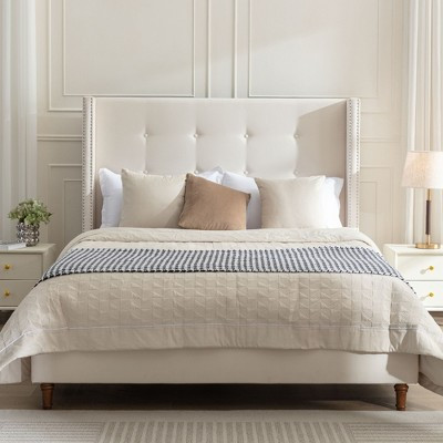 Peyton Upholstered Queen Bed with 54 Inch High Headboard, No Box Spring Needed, and Easy Assembly in Ivory Velvet | Target
