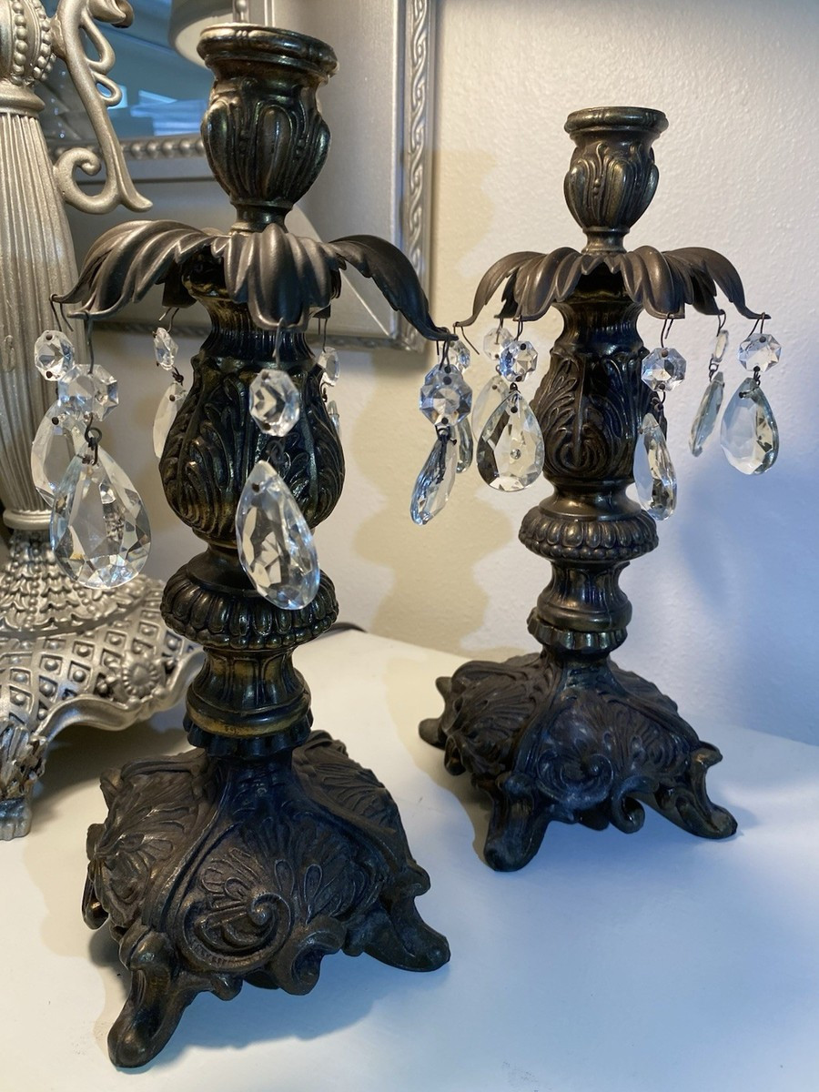 Pair Vintage Brass Candlestick Holders w/ Crystal Prisms Ornate Baroque Style | eBay | eBay US
