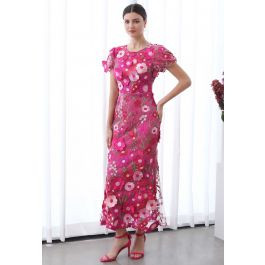 3D Floral Applique Mesh Tulle Mermaid Maxi Dress in Magenta | Chicwish
