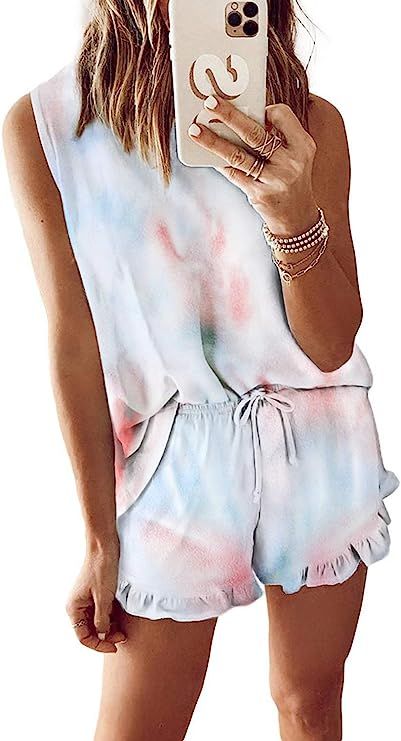 nobrand Women's Pajama Sets Tie Dye Lounge Wear Sleepwear Nightwear with Ruffle Shorts | Amazon (US)