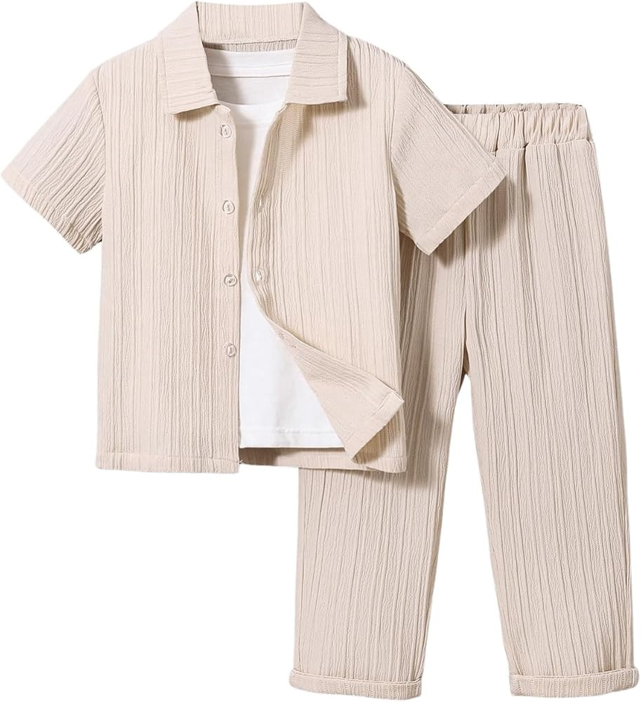 Boy's 2 Piece Outfits Textured Button Down Short Sleeve Collar Shirts Tops and Elastic Waisted Pa... | Amazon (US)
