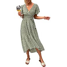 Miessial Women's Boho V Neck Floral Chiffon Dress Backless Beach Split Maxi Dress with Belt | Amazon (US)