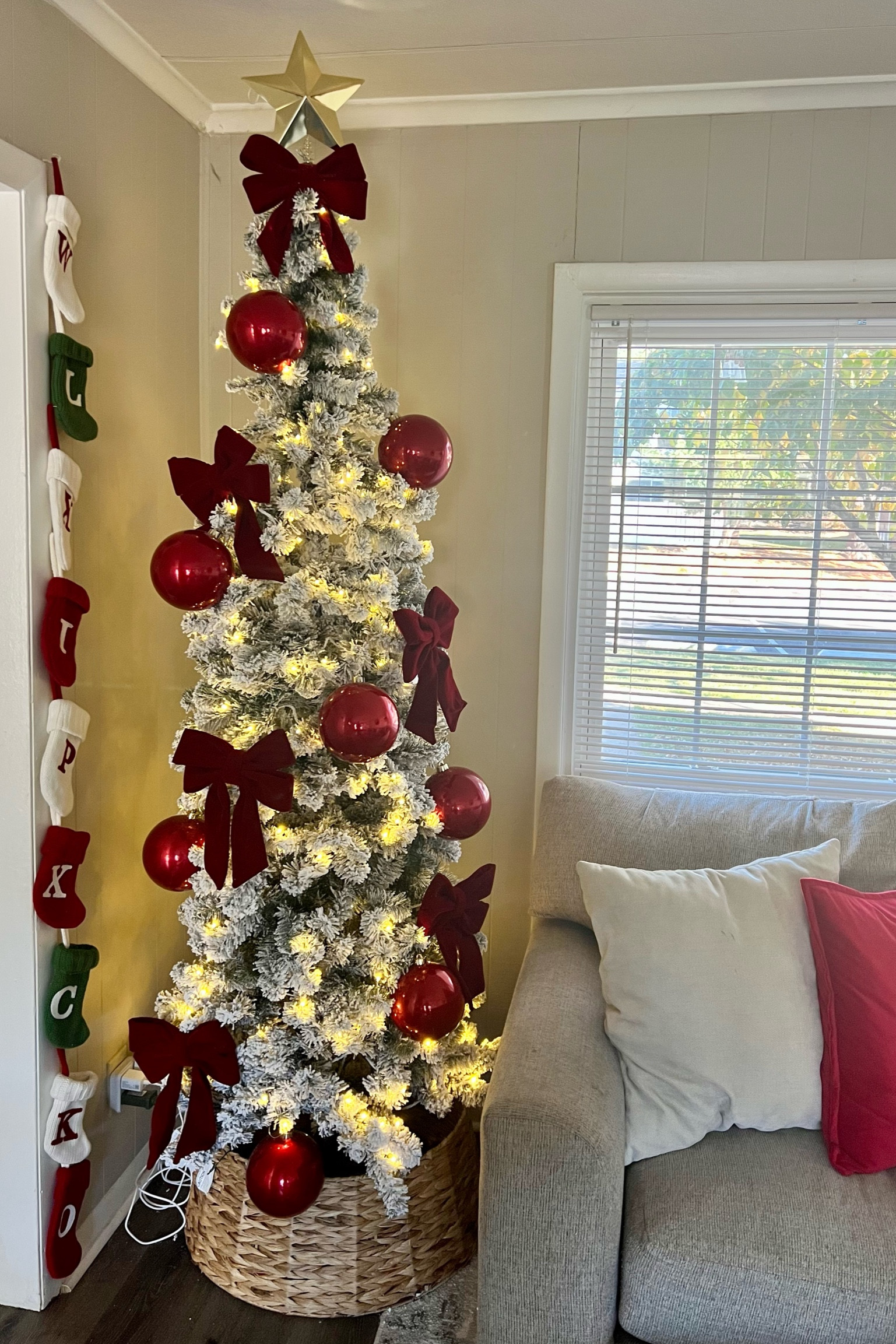 Slim Flocked Christmas Tree | Jumbo Red Ornaments | Jumbo Red Bows

#LTKHome #LTKSeasonal #LTKHoliday