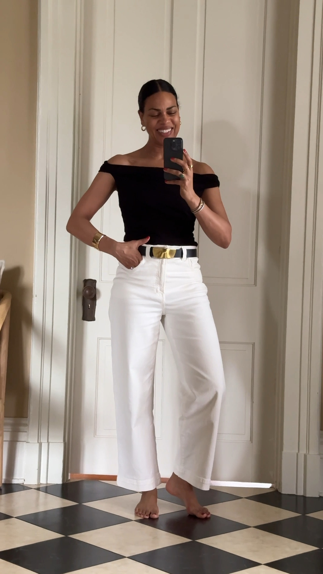 OOTD: off the shoulder top, gold metal belt, white cropped jeans. Wearing regular fit in the jeans & they are tts! 

#LTKStyleTip #LTKOver40