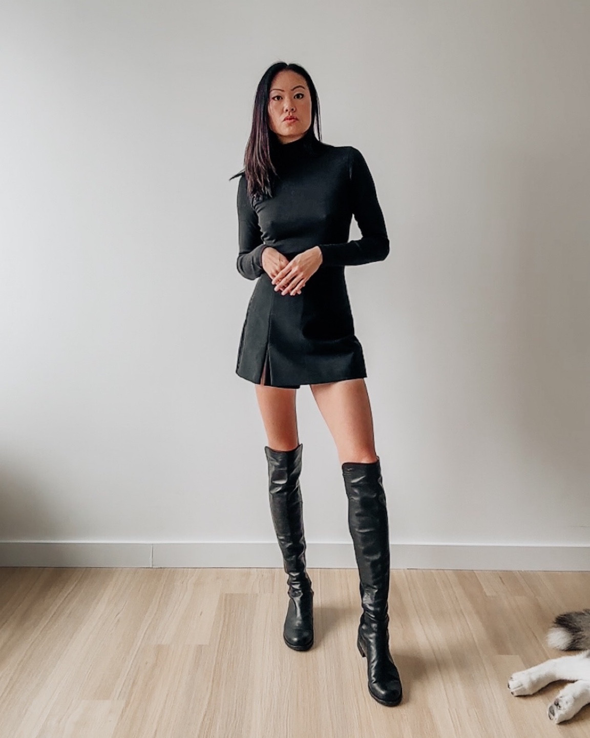 Black Slit Mini Skort/Skirt. Stuart Weitzman 5050 boots. Over the knee boots. Black fitted turtleneck. Fall outfit idea. Winter outfit idea  

#LTKstyletip