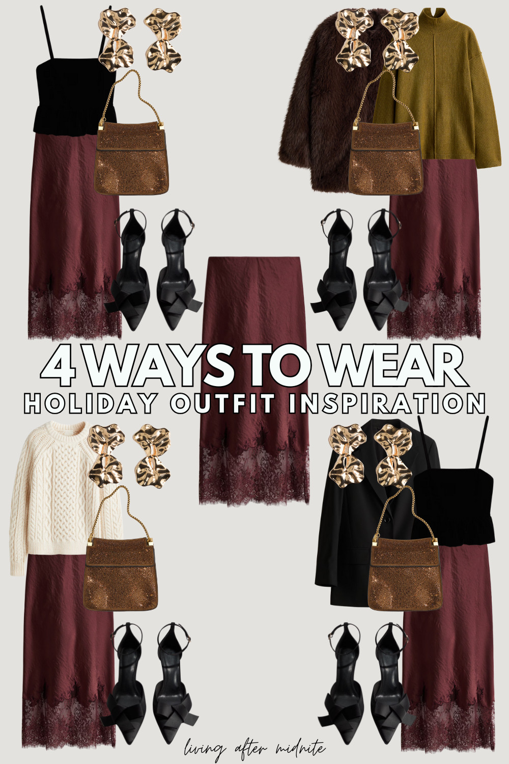 4 ways to wear a satin midi slip skirt, holiday outfits womens, christmas outfit women, holiday party outfits, holiday capsule wardrobe 

 

#LTKHoliday #LTKootd #LTKFindsUnder50