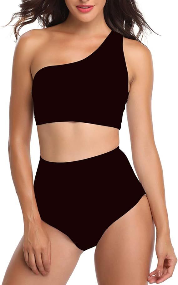 NAFLEAP Women One Shoulder Swimsuit Tankini High Waisted Bikini Set 2 Pieces Push Up Bathing Suit | Amazon (US)